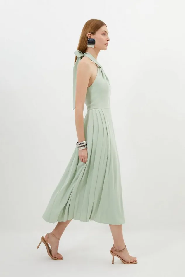 Dresses Women Karen Millen Petite Soft Tailored Halter Tie Neck Pleat Detail Midi Dress Sage