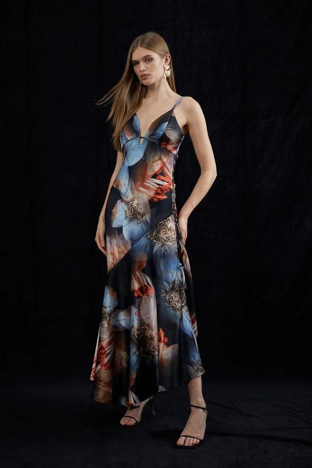 Dresses Women Karen Millen Photographic Floral Woven Satin Tie Detail Maxi Dress Floral