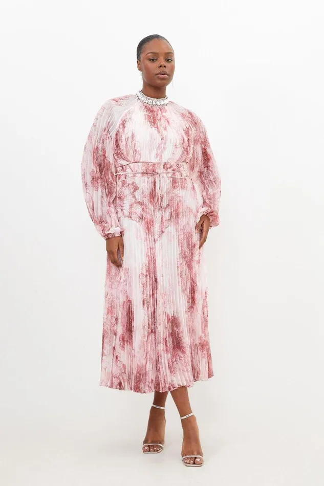 Dresses Women Karen Millen Plus Size Abstract Floral Embellished Woven Maxi Dress Pink