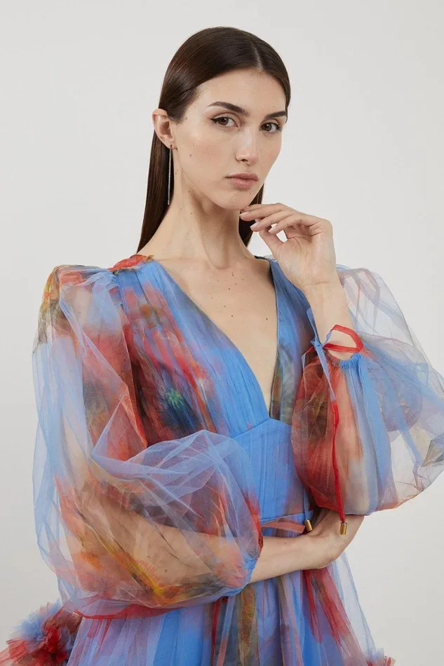 Dresses Women Karen Millen Spring Floral Tulle Plunge Mini Dress Blue