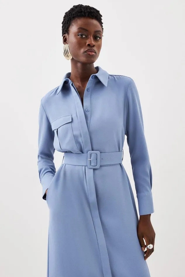 Dresses Women Karen Millen Tailored Crepe Pocket Detail Belted Midi Shirt Dress Mid Blue