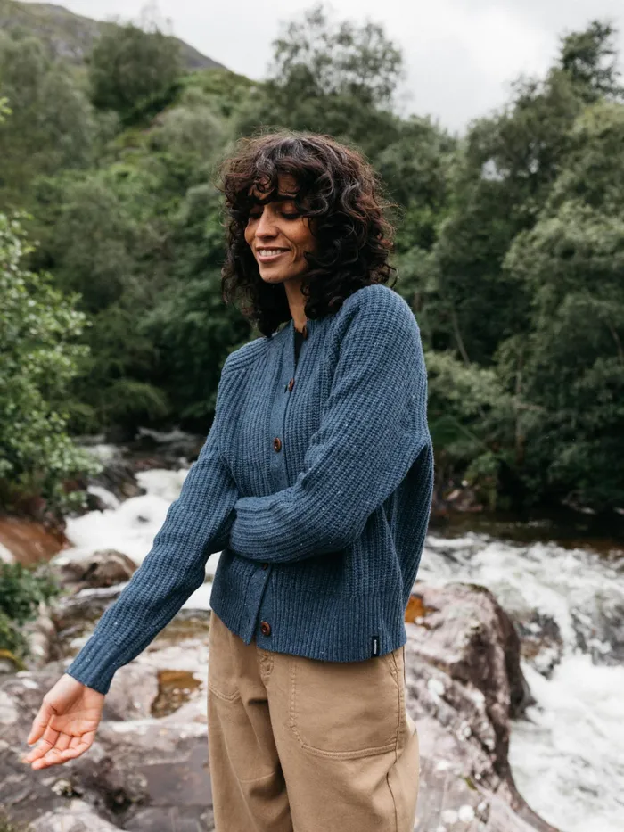 Finisterre Knitwear Women Mora Crew Neck Cardigan Denim