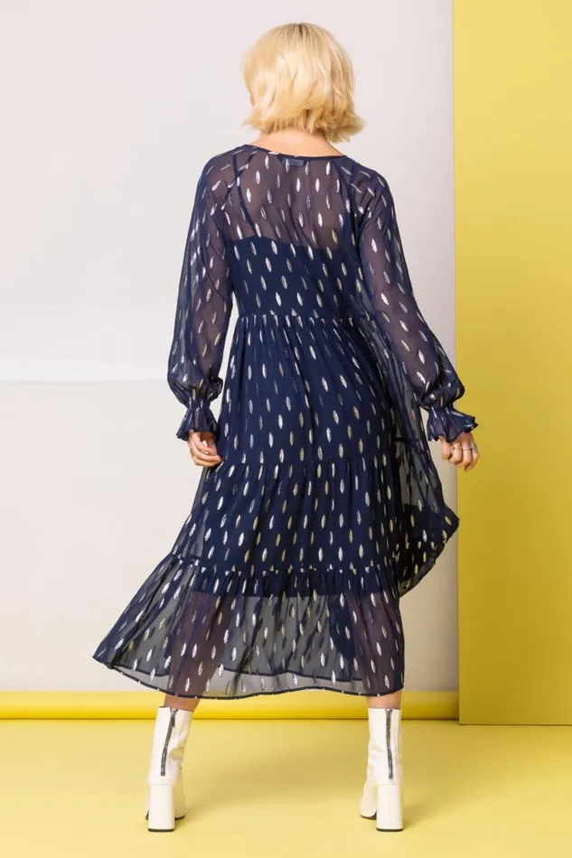 Foil Print Shimmer Chiffon Tiered Dress Women Roman Dresses