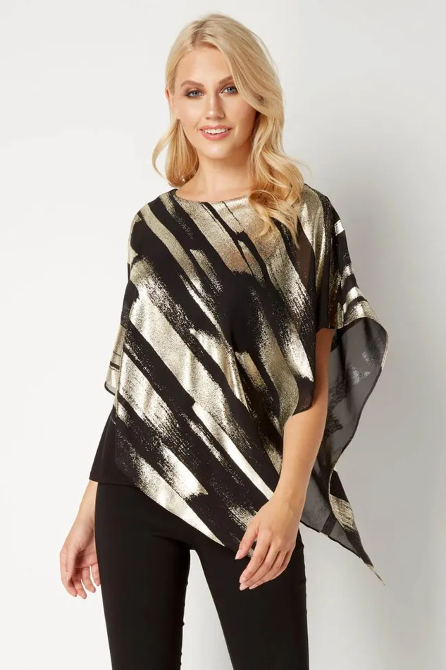 Gold Metallic Foil Stripe Overlay Top Women Roman Tops