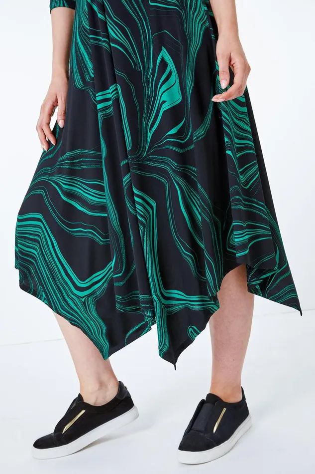 Green Abstract Marble Print Midi Dress Women Roman Dresses