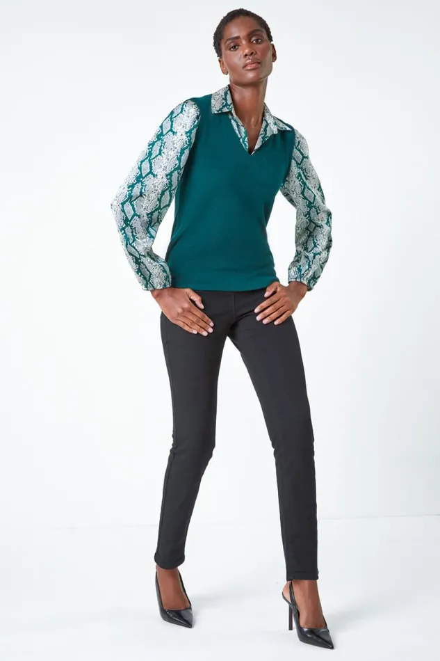 Green Animal Print 2 In 1 Jumper Shirt Women Roman Tops
