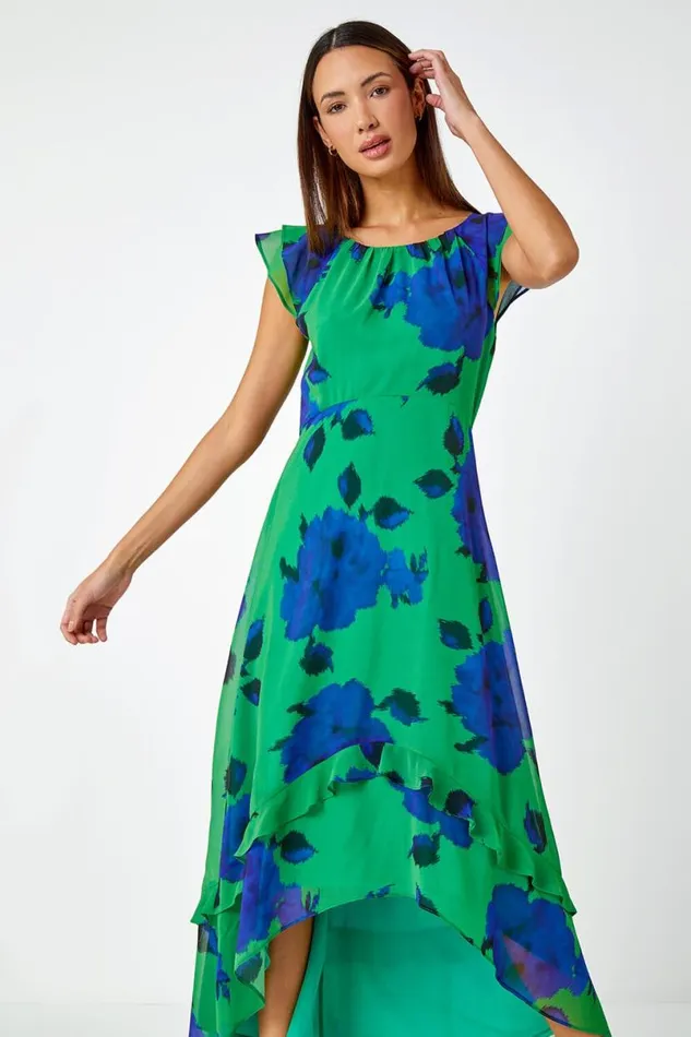 Green Floral Frill Detail Chiffon Midi Dress Women Roman Dresses