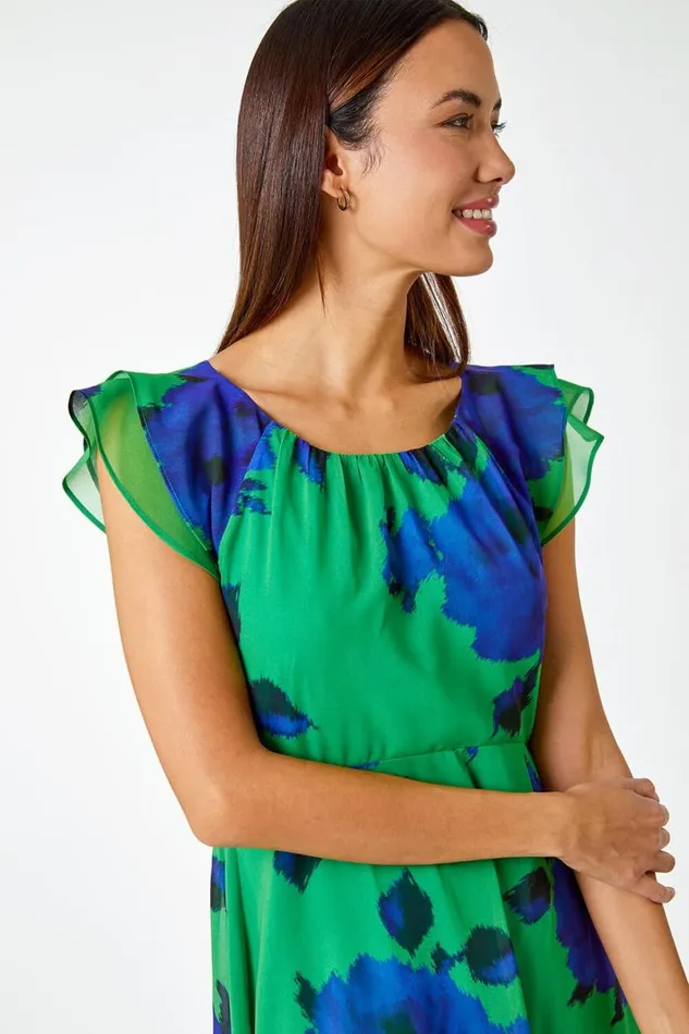 Green Floral Frill Detail Chiffon Midi Dress Women Roman Dresses