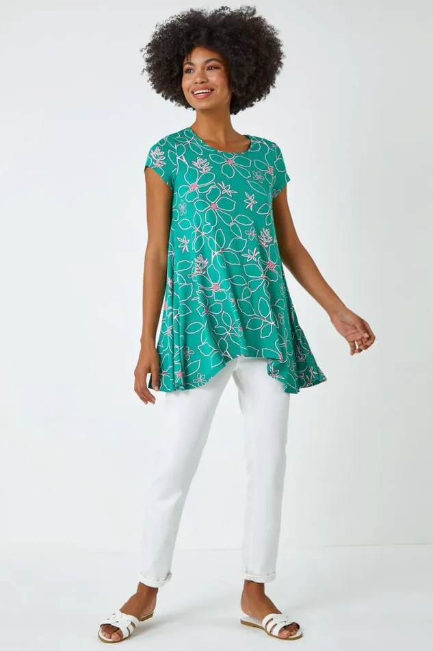 Green Floral Hanky Hem Tunic Top Women Roman Tops