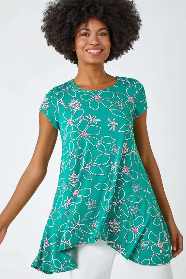 Green Floral Hanky Hem Tunic Top Women Roman Tops