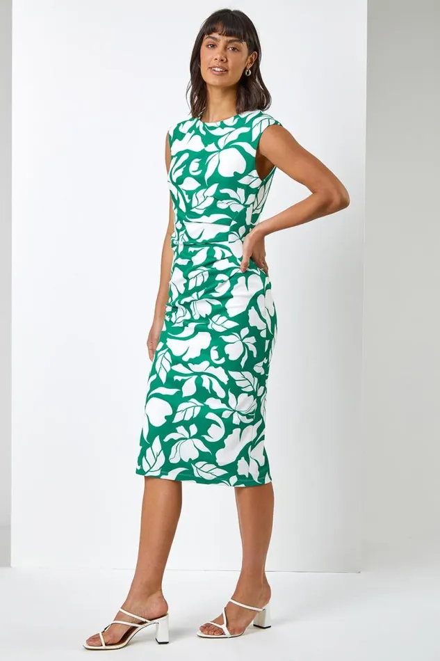 Green Leaf Print Luxe Stretch Shift Dress Women Roman Dresses