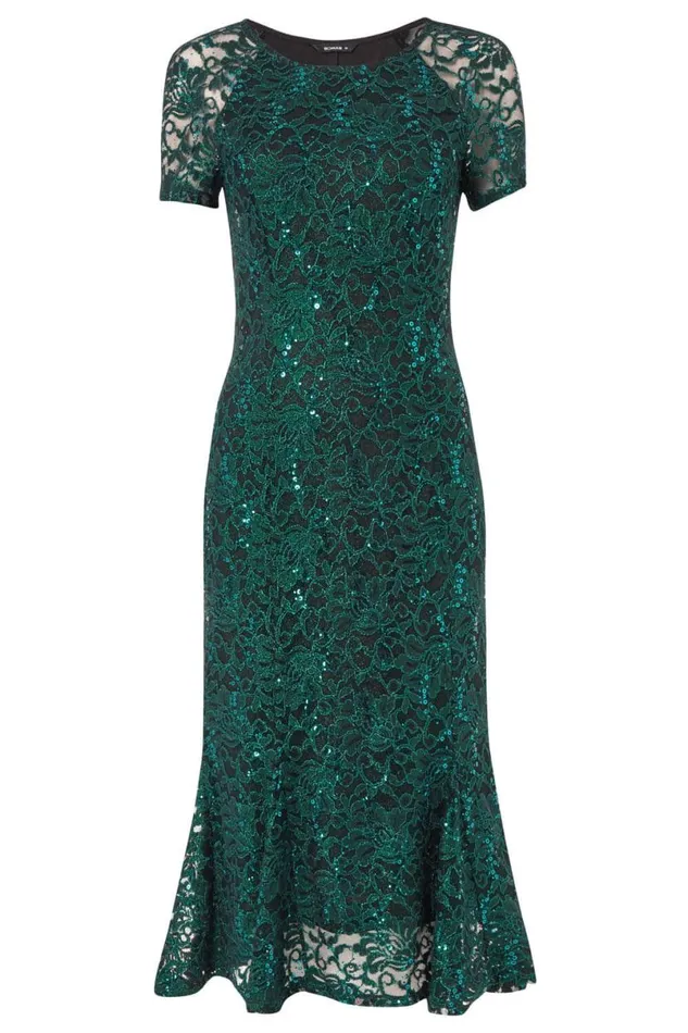 Green Metallic Lace Sequin Midi Dress Women Roman Dresses