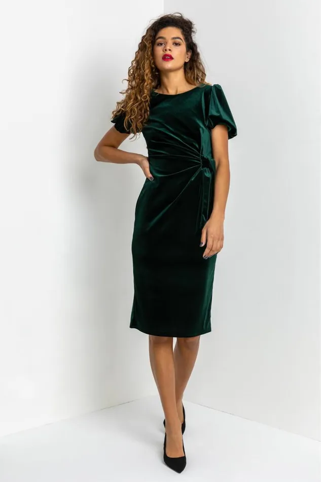 Green Velvet Bubble Sleeve Midi Dress Women Roman Dresses
