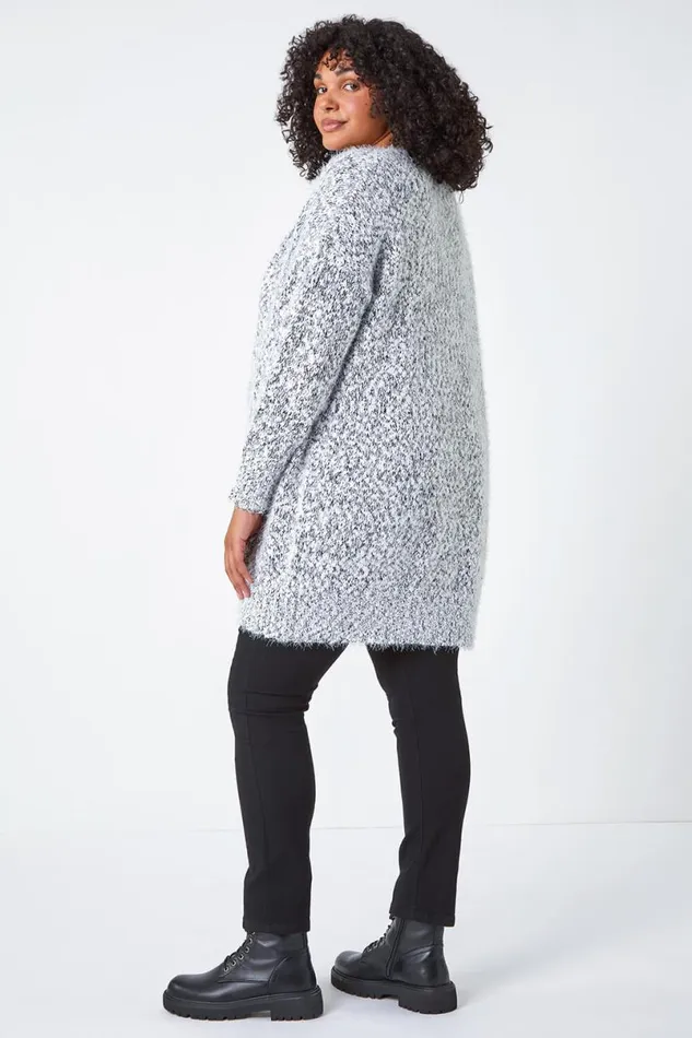 Grey Curve Fluffy Textured Cardigan Women Roman Knitwear