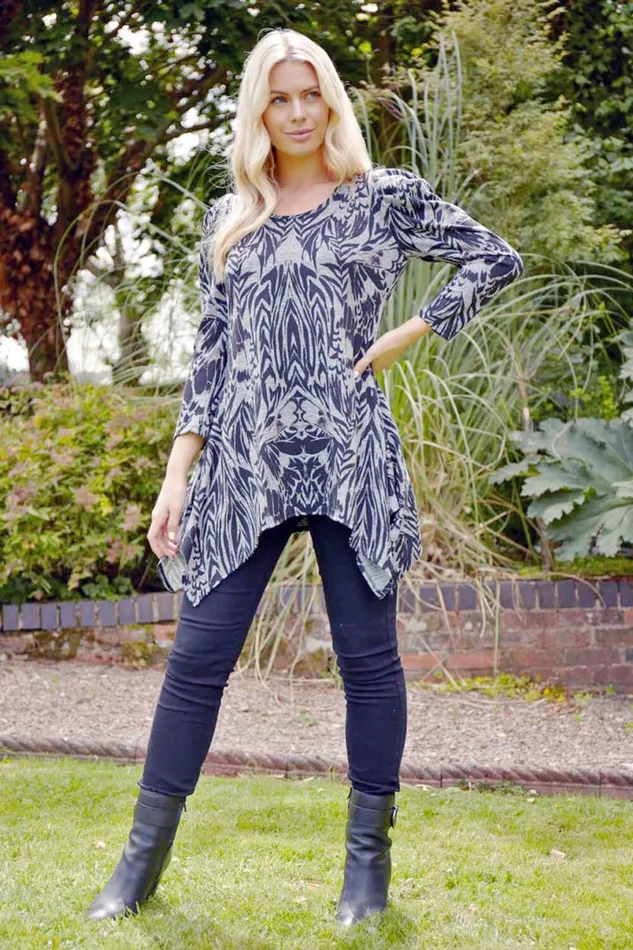 Grey Grey Print Longline Tunic Top Women Roman Tops
