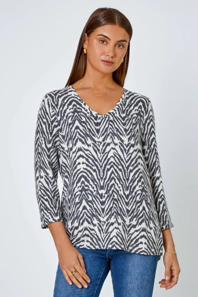 Grey Soft Touch Animal VNeck Stretch Top Women Roman Tops