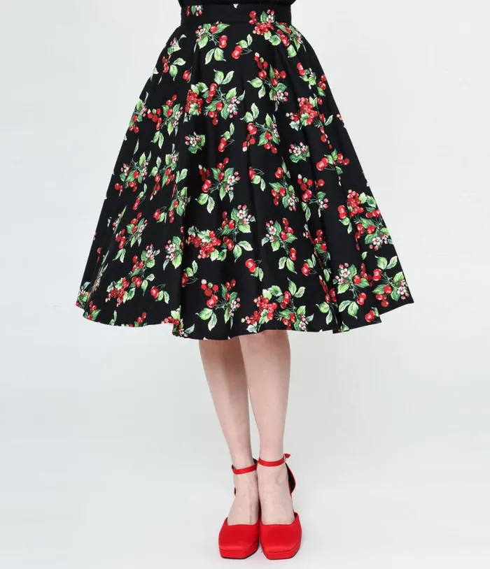 Hell Bunny Black and Cherry Print Swing Skirt ClothingPlus Unique Vintage Skirts