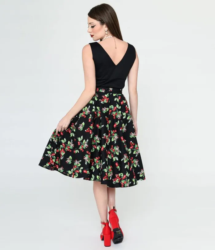 Hell Bunny Black and Cherry Print Swing Skirt ClothingPlus Unique Vintage Skirts