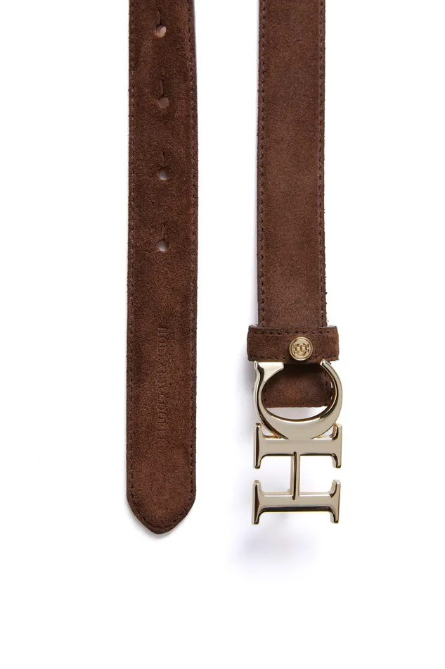 Holland Cooper Atelier Slim Logo Belt Chocolate Suede Women Belts Holland Cooper Atelier Slim Logo Belt Chocolate Suede Women Belts
