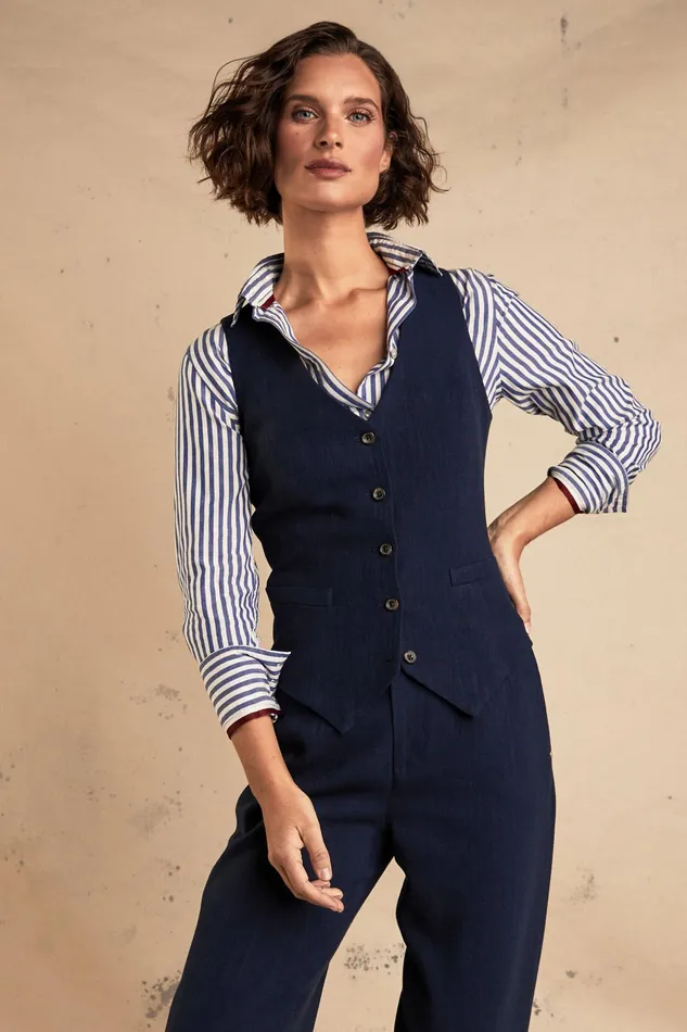 Holland Cooper Hampton Waistcoat Navy Linen Women Tailoring