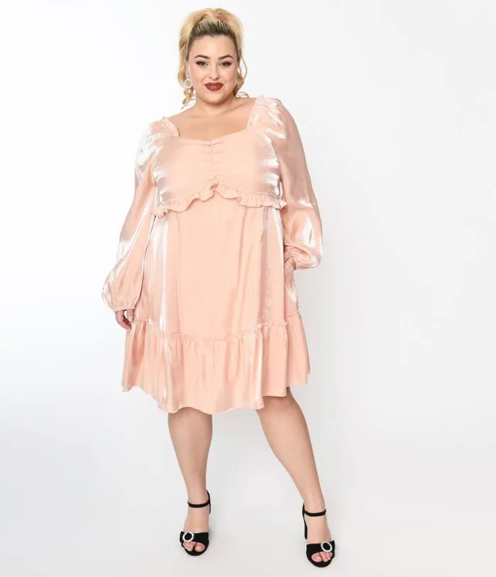 Iridescent Peach Ruffled Babydoll Dress DressesPlus Unique Vintage Babydoll