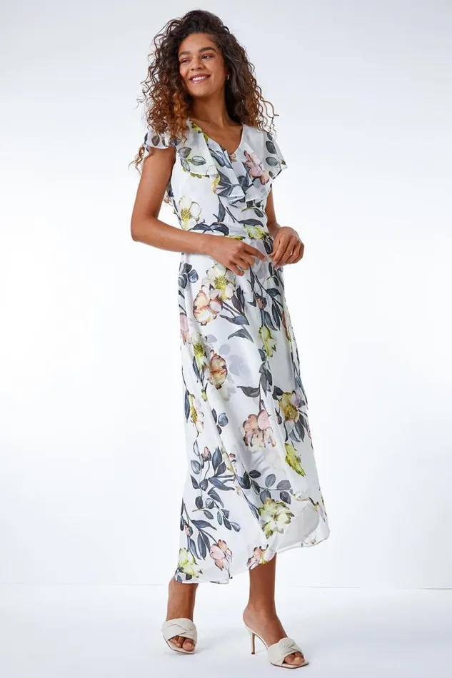 Ivory Floral Print Frill Cape Wrap Dress Women Roman Dresses