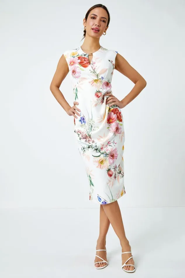 Ivory Floral Print Ruched Midi Dress Women Roman Dresses