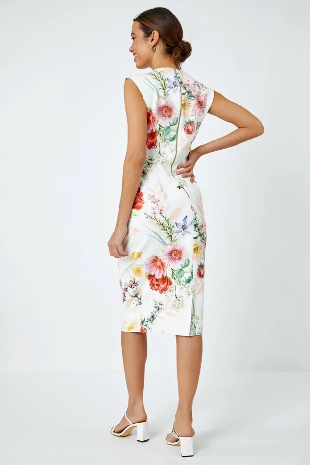 Ivory Floral Print Ruched Midi Dress Women Roman Dresses