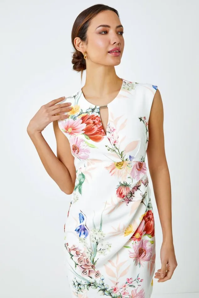 Ivory Floral Print Ruched Midi Dress Women Roman Dresses