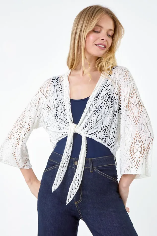 Ivory Tie Front Stretch Crochet Cardigan Women Roman Knitwear