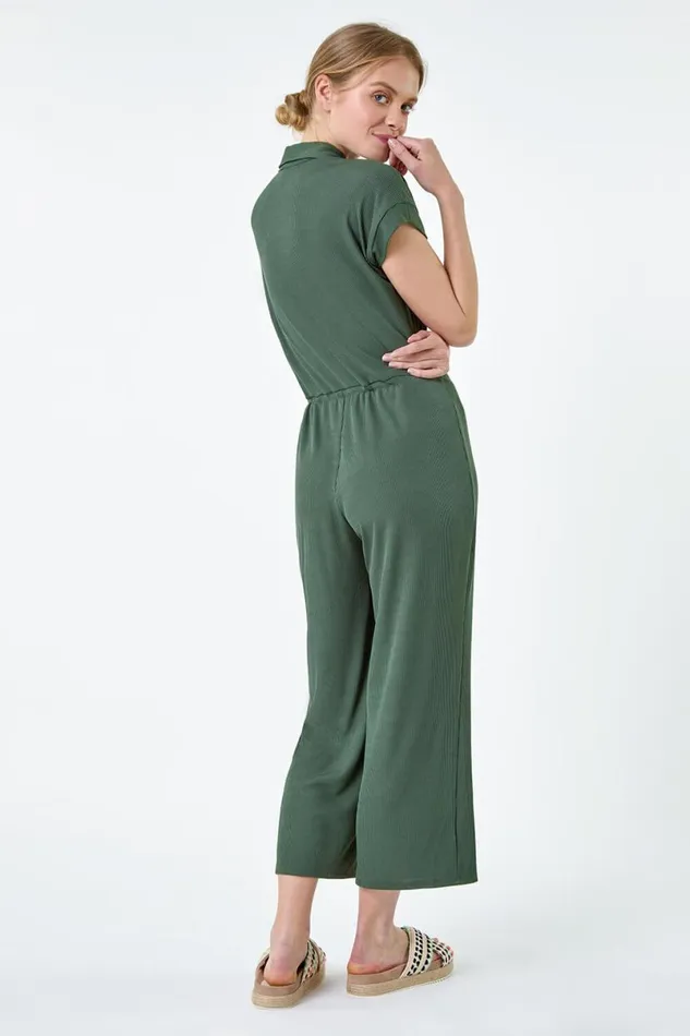 Khaki Plain Ribbed Stretch Jersey Jumpsuit Women Roman Dresses