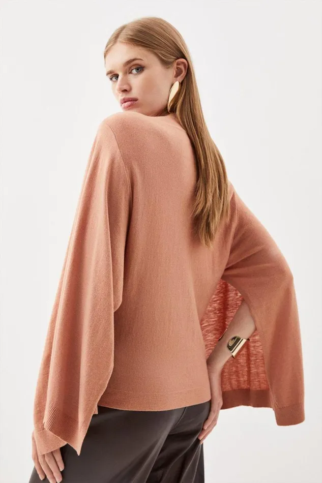 Knitwear Women Karen Millen Cashmere Blend Drama Sleeve Slash Neck Knit Top Camel