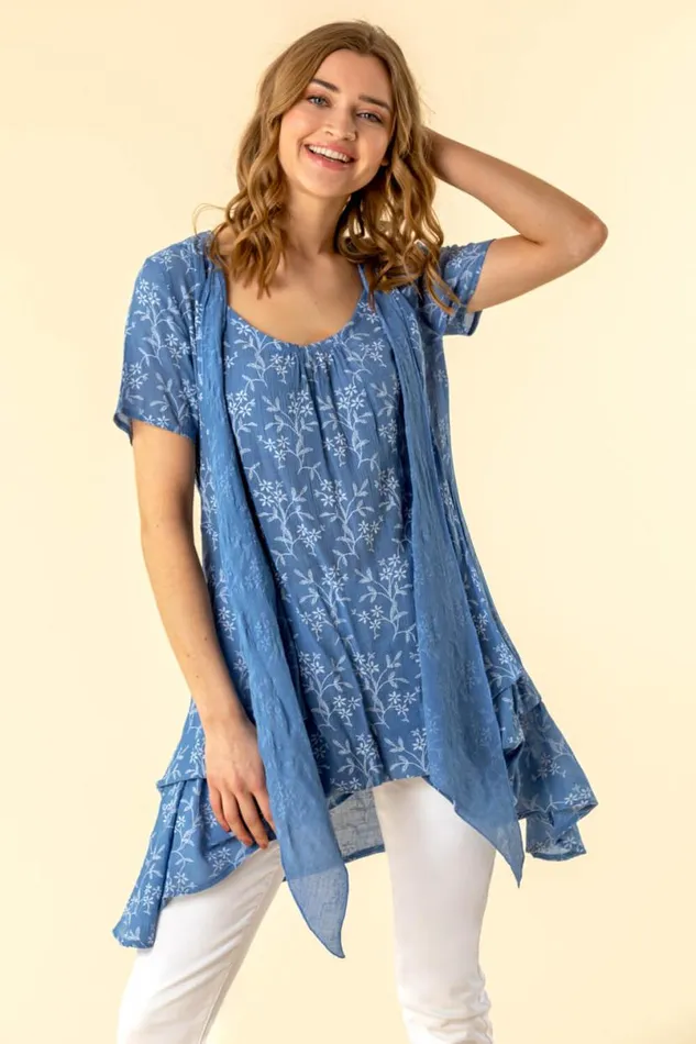 Light Blue Floral Print Crinkle Tunic Top Women Roman Tops