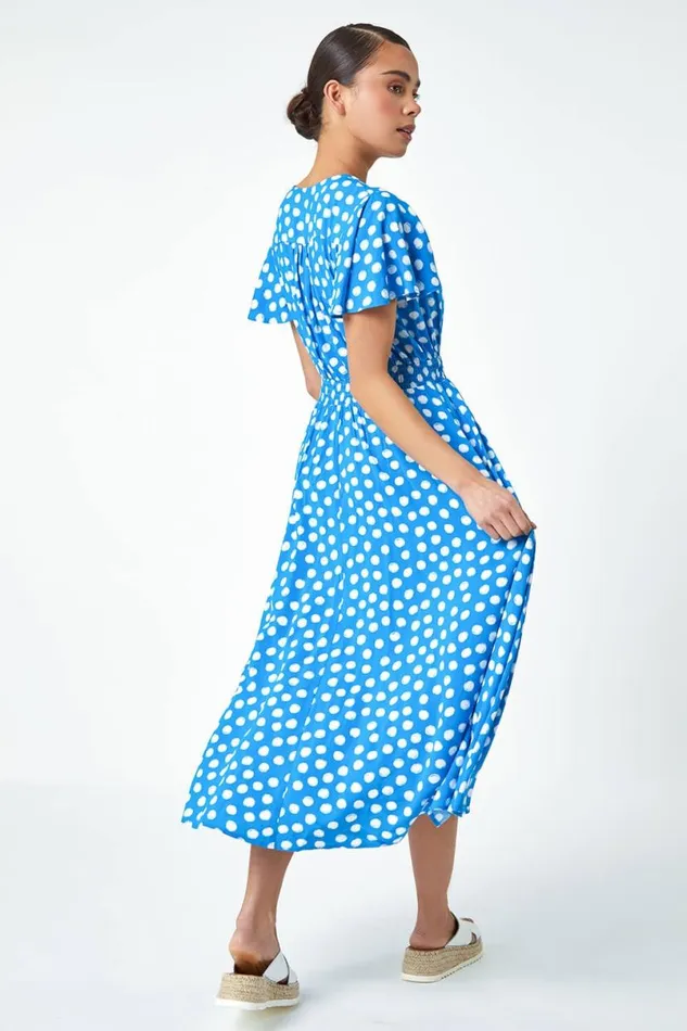 Light Blue Petite Polka Dot Midi Dress Women Roman Dresses