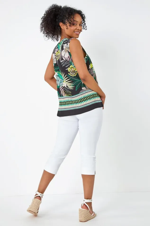 Lime Petite Floral Border Print VNeck Top Women Roman Tops