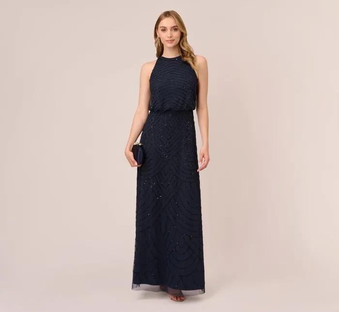 Long Dresses Womens Adrianna Papell Art Deco Beaded Blouson Dress With Halter Neckline In Navy Black