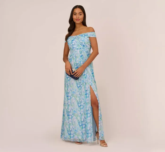 Long Dresses Womens Adrianna Papell FloralPrint OffTheShoulder Chiffon Long Gown In Blue Multi