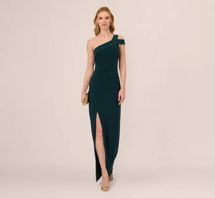 Long Dresses Womens Adrianna Papell One Shoulder Column Gown With Cutout Shoulder In Hunter