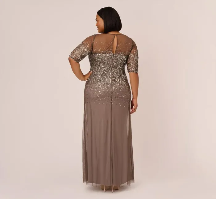Long Dresses Womens Adrianna Papell Plus Size Beaded Illusion Gown In Lead