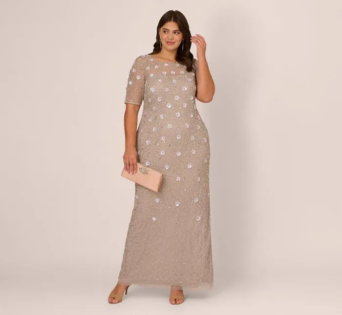 Long Dresses Womens Adrianna Papell Plus Size Long Hand Beaded 3D Floral Dress With Elbow Sleeves In Marble
