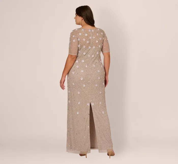Long Dresses Womens Adrianna Papell Plus Size Long Hand Beaded 3D Floral Dress With Elbow Sleeves In Marble