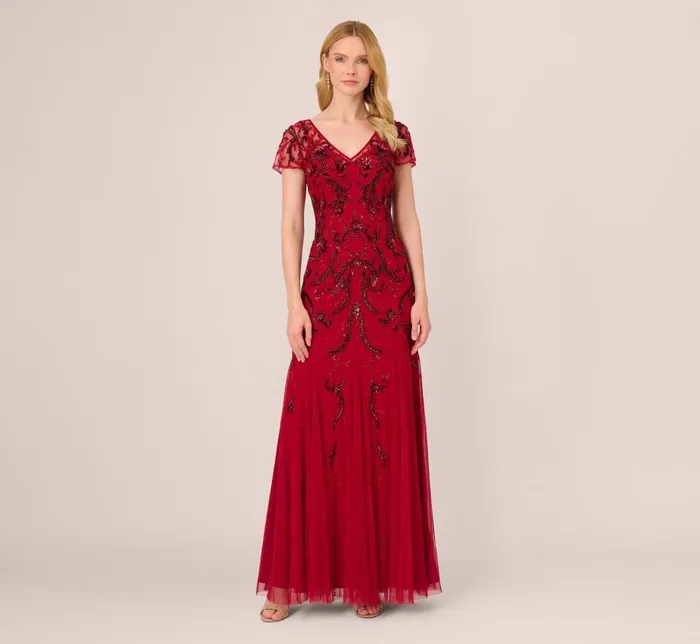 Long Dresses Womens Adrianna Papell Short Sleeve Beaded Gown With Godet Skirt In Cranberry