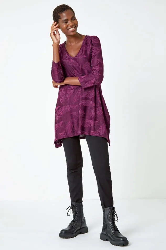 Magenta Textured Leaf Print VNeck Tunic Stretch Top Women Roman Tops