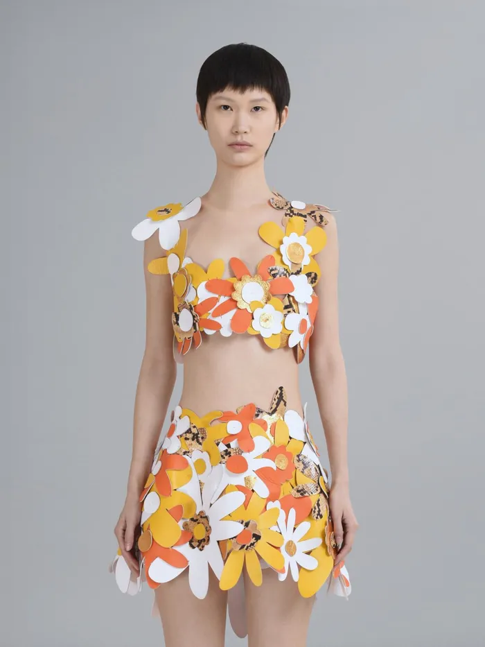 Marni Embroidered Leather Flowers Top Gold Womens Tops and Shirts