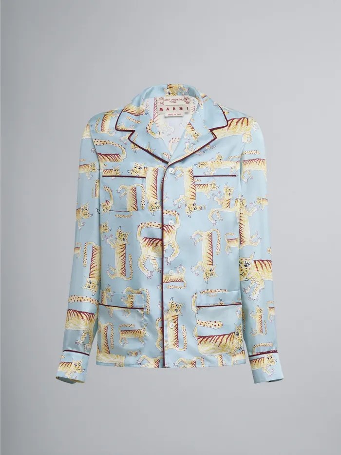 Marni Naif Tiger Print Silk Twill Shirt Arctic Womens Tops and Shirts