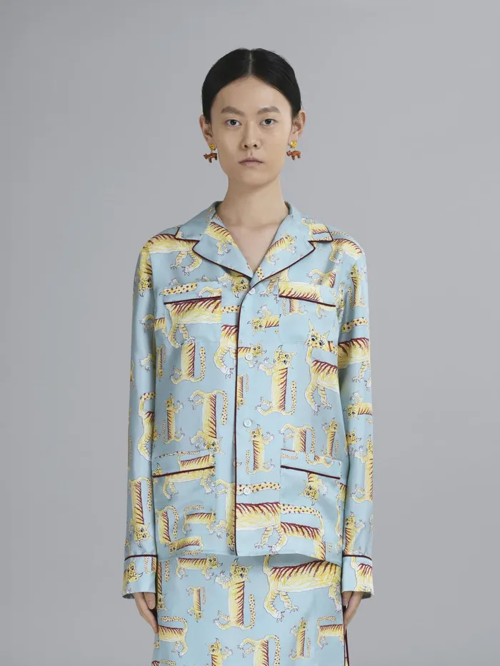Marni Naif Tiger Print Silk Twill Shirt Arctic Womens Tops and Shirts Marni Naif Tiger Print Silk Twill Shirt Arctic Womens Tops and Shirts