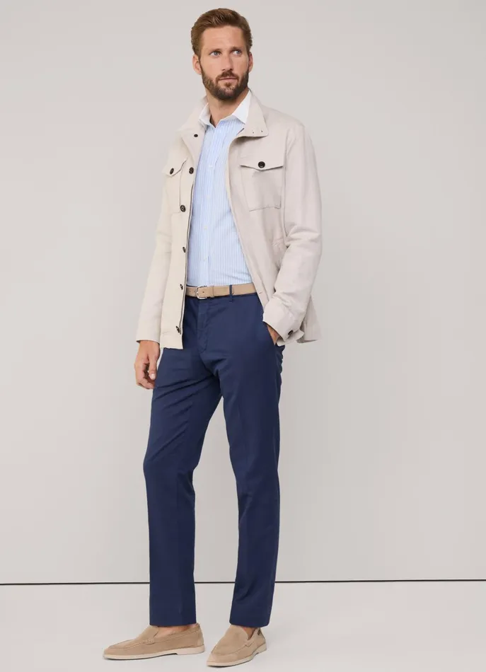 Men Pants Faonnable Regular Fit Cotton Linen Trousers Marine Blue