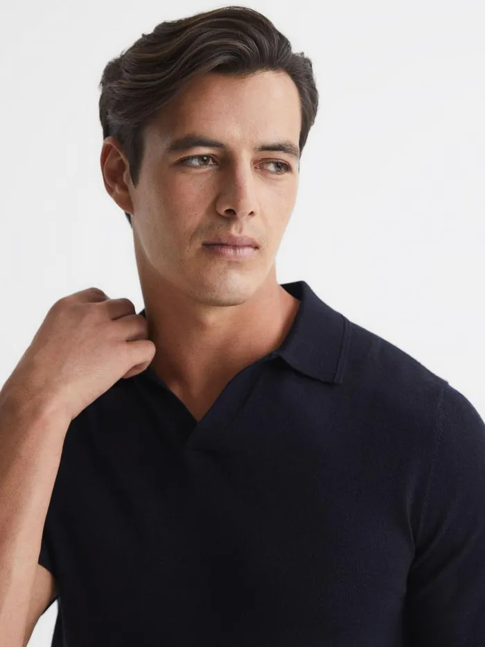 Men Reiss Knitwear Duchie Merino Wool Open Collar Polo Shirt Navy
