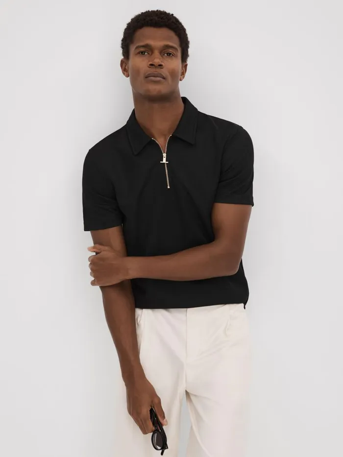 Men Reiss Polo Shirts Floyd Slim Fit HalfZip Polo Shirt Black