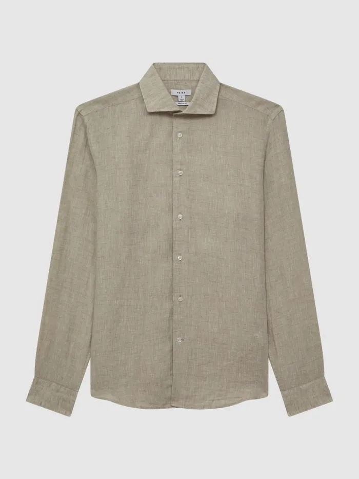 Men Reiss Shirts Ruban Linen ButtonThrough Shirt Stone Melange